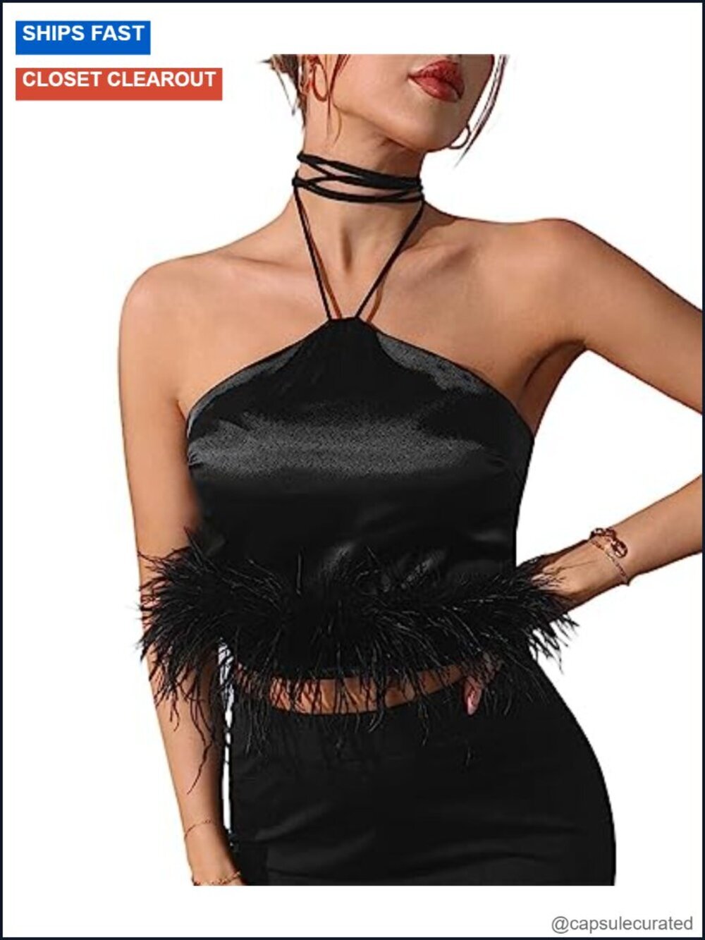 Satin Halter Crop Top with Faux Feather Trim, Sleeveless Backless Camisole